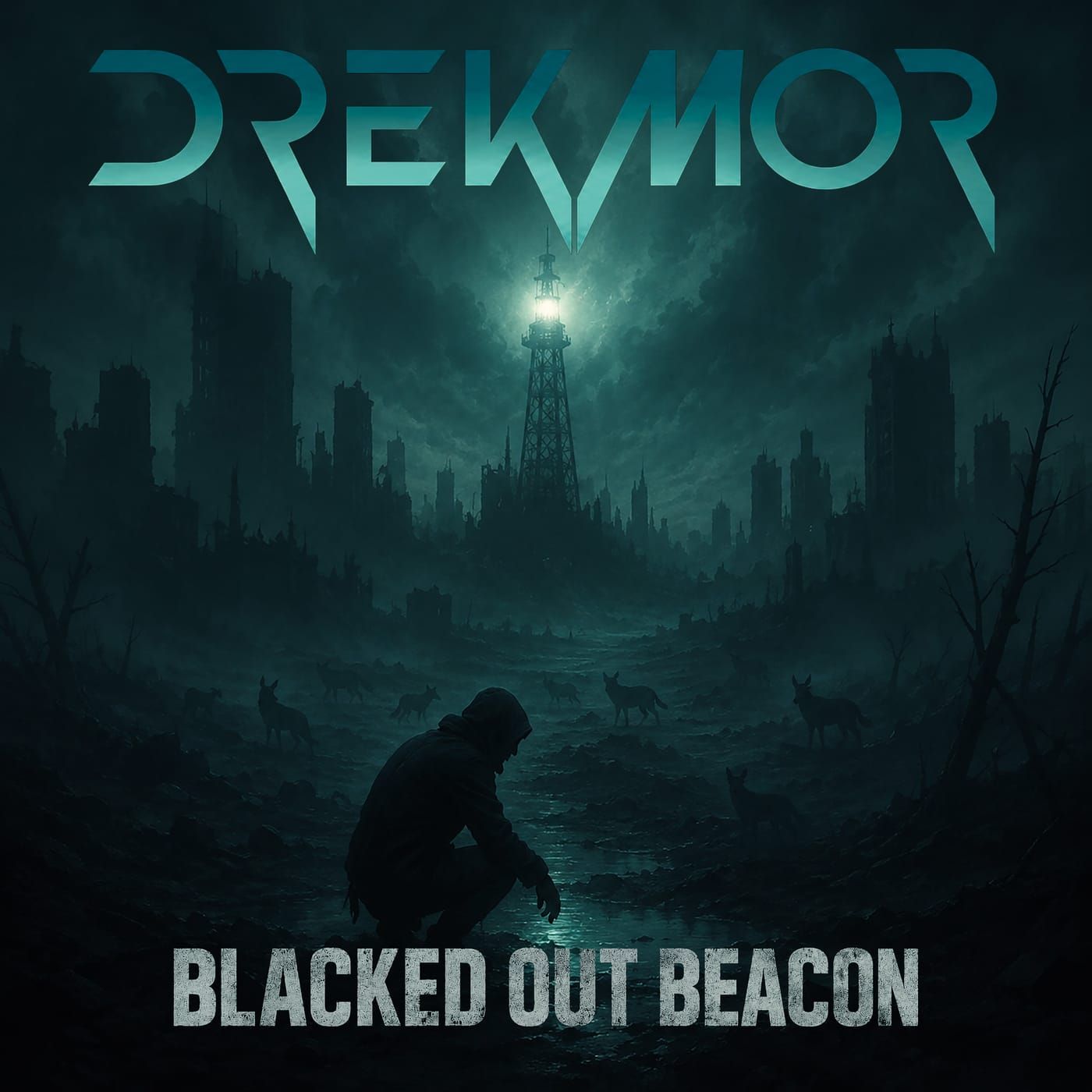 Blacked Out Beacon single artwork: a lone figure beneath a beacon in a ruined landscape